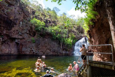 20 Ekim 2022 'de Avustralya' nın Darwin kentinde Litchfield Ulusal Parkı 'ndaki Florence Falls su birikintisinde yüzen turistler