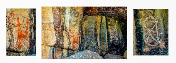 オーストラリア ノーザンテリトリーのカカドゥ国立公園のアボリジニロックアートの一部を描いたコラージュ画像 — ストック写真