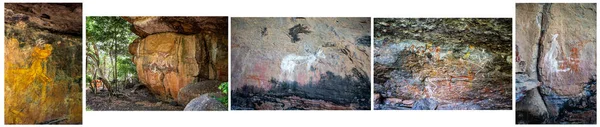 オーストラリア ノーザンテリトリーのカカドゥ国立公園のアボリジニロックアートの一部を描いたコラージュ画像 — ストック写真