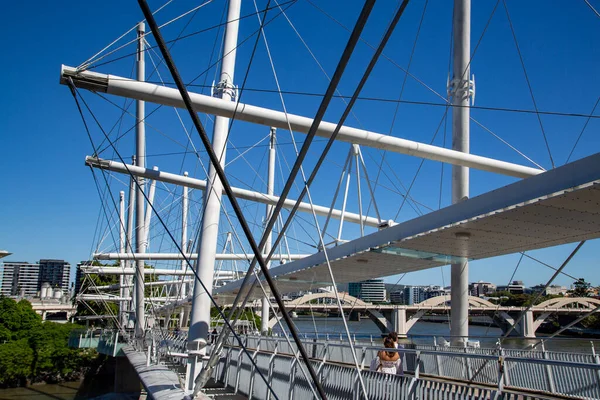 stock image The Kurilpa Bridge is a 470 metres pedestrian and bicycle bridge over the Brisbane River opened in October 2009. It is the world largest hybrid tensegrity bridge.