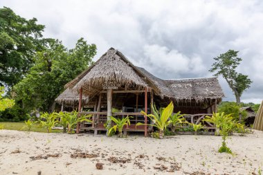 Orly Limanı 'nın evleri, Espiritu Santo' nun pitoresk sahilinin mavi sularındaki bir köy..