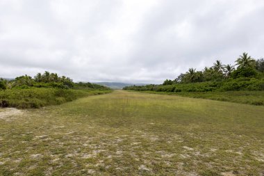 Vanuatu 'daki Mystery Island havaalanındaki ortalama deniz seviyesinden 2 metre yükseklikteki 610 metrelik pistin görüntüsü