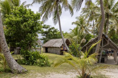 Malı ve turistleri Vanuatu 'daki Mystery Island' dan alışveriş yapan sazdan çatı sığınağı altındaki pazar