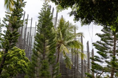 View of the Tjibaou Cultutal Centre above the pine trees in the Tinu Peninsula,  Noumea, Grande Terre Island, New Caledonia clipart