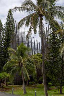 View of the Tjibaou Cultutal Centre above the pine trees in the Tinu Peninsula,  Noumea, Grande Terre Island, New Caledonia clipart