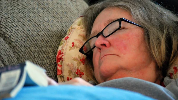 Mature Female Senior Sleeping Sofa Home — Stock Photo, Image