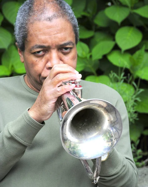 African American Man Playing His Flugelhorn — Stock Photo, Image