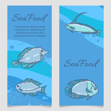 Deniz ürünleri restoranının menü şablonu, el çizimi vektör çizimi. Deniz köpüğündeki balık yemi mavi grafik modeli.