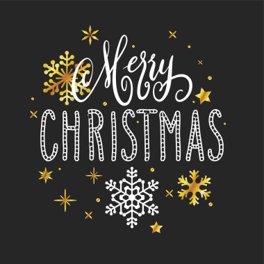 Elle yazılmış Noel selamları, modern şenlikli el yazısı, beyazdan siyaha yazılı, altın kar taneleriyle birlikte. Tatil sezonu tasarım element vektör çizimi.