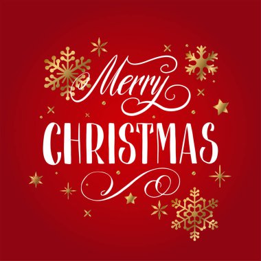 Elle yazılmış Noel selamları, kırmızı üzerine beyaz ve altın kar taneleriyle yazılmış modern şenlik el yazısı. Tatil sezonu tasarım element vektör çizimi.