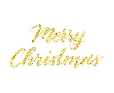Altın parıltılı harfli mutlu noeller tebrik kartı. El yazısı, beyaz arka planda izole edilmiş altın el yazısı. Xmas tatil vektör illüstrasyonu.