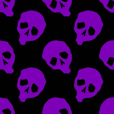 Vektör cadılar bayramı karalama kafatasları kusursuz desen. Parti posteri için tasarım arka planı. Elle çizilmiş karikatür çizimi siyah üzerine mor.