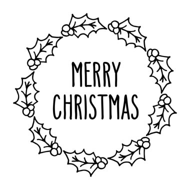 Elle çizilmiş Noel kutlaması Holly çelengi. Vektör kış tatili illüstrasyonu. Evergreen yaprakları ve böğürtlenler beyaz üzerine izole.