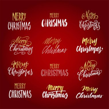 El yazısı Noel tebrikleri, modern şenlik el yazısı harfleri. Kırmızı yerine altın ve beyaz. Tatil sezonu tasarımı, vektör illüstrasyonu.