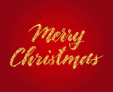 Altın parıltılı harfli mutlu noeller tebrik kartı. El yazısı, kırmızı arkaplanda izole edilmiş altın el yazısı. Xmas tatil vektör illüstrasyonu.