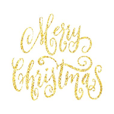 Altın parıltılı harfli mutlu noeller tebrik kartı. El yazısı, beyaz arka planda izole edilmiş altın el yazısı. Xmas tatil vektör illüstrasyonu.