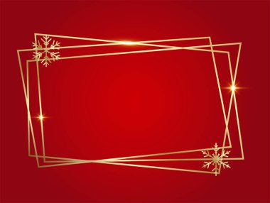 Kar taneleriyle parlayan parlak, boş, çokgen Noel çerçevesi. Kırmızı arkaplan üzerinde altın metal bayram sınırı. Kopya alanı olan kış tatili şablonu.