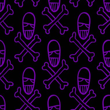 Vektör cadılar bayramı karalama kafatası ve kemiklerin kusursuz deseni. Parti posteri için tasarım arka planı. Elle çizilmiş karikatür çizimi siyah üzerine mor.