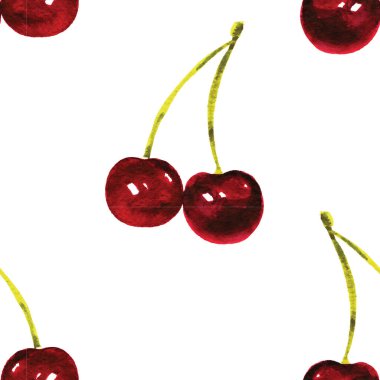 Beyaz üzerine izole edilmiş suluboya kiraz çilekleri ile kusursuz desen. El boyaması tatlı yaz tatlısı arka planı.