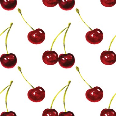Beyaz üzerine izole edilmiş suluboya kiraz çilekleri ile kusursuz desen. El boyaması tatlı yaz tatlısı arka planı.