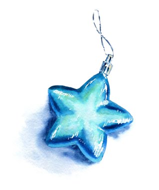 Mavi yıldız suluboya Noel süsü. El yapımı kış tatili tasarım elementi. Beyaz üzerine izole edilmiş şenlik tasviri.