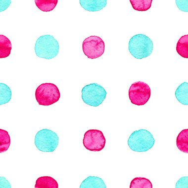 Pembe ve mavi noktalardan yapılmış kusursuz el çizimi suluboya deseni, beyaz üzerine izole edilmiş..