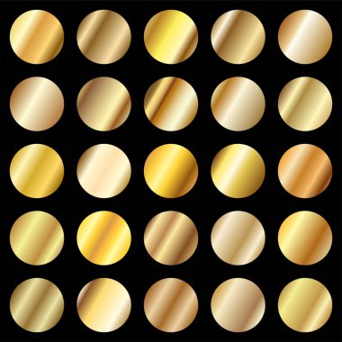 Altın doku gradyan arkaplan vektörü seti. Çerçeveler, afişler ve etiketler için yuvarlak metalik tasarım. Gerçekçi soyut altın desen. Zarif ışık ve parlak metal şablon.