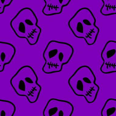 Vektör cadılar bayramı karalama kafatasları kusursuz desen. Parti posteri için tasarım arka planı. Mor üzerine siyah çizilmiş el çizimi karikatür çizimi.