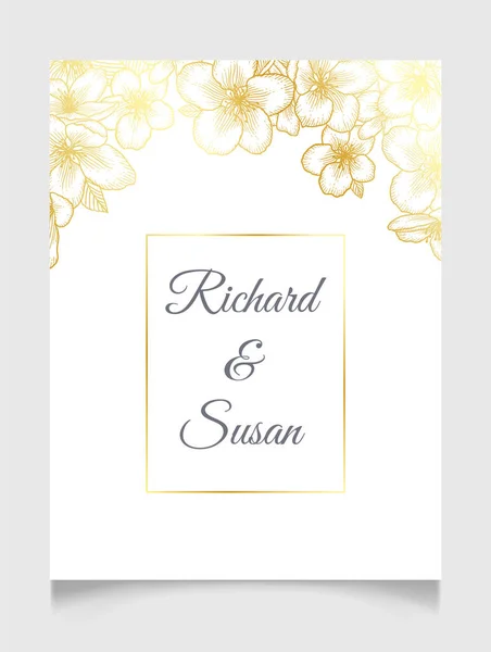 花の植物の結婚式の招待状リンゴの花とエレガントなカードテンプレート グリーティングカード 天然化粧品 女性の製品のためのロマンチックなデザイン 白い上に金色のベクトルイラスト — ストックベクタ