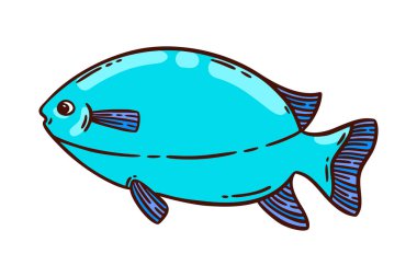 Parlak mavi balık, el çizimi vektör çizimi. Restoran deniz ürünleri menüsü grafik ögesi beyaz üzerine izole.
