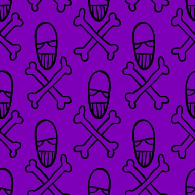 Vektör cadılar bayramı karalama kafatası ve kemiklerin kusursuz deseni. Parti posteri için tasarım arka planı. Mor üzerine siyah çizilmiş el çizimi karikatür çizimi.