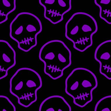 Vektör cadılar bayramı karalama kafatasları kusursuz desen. Parti posteri için tasarım arka planı. Elle çizilmiş karikatür çizimi siyah üzerine mor.