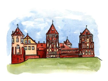 16. yüzyıl kalesinin suluboya çizimi, Mir Castle, Belarus 'un büyük simgesi. Ünlü turist mekanı..