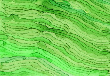 Suluboya şeffaf dalgalar soyut arkaplan. Yeşil boya çizgileri, soyutlama çizgileri. El boyaması doğa manzarası çizimi. Renkli alkol mürekkep dokusu. Akışkan sanat tasarımı.