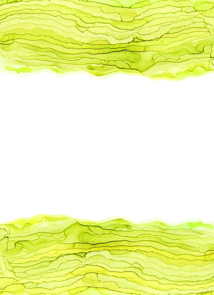 Watercolor transparent sea waves abstract frame background. Lines of green paint, abstraction over white. Hand painted illustration with copy space. Colored alcohol ink texture. Fluid art design.