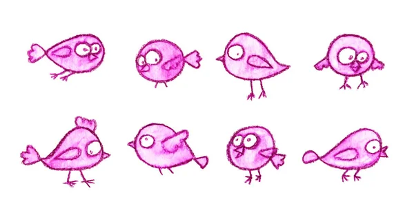 ピンクのかわいい小鳥のセット 白い背景に隔離された漫画の面白い鳥 — ストック写真
