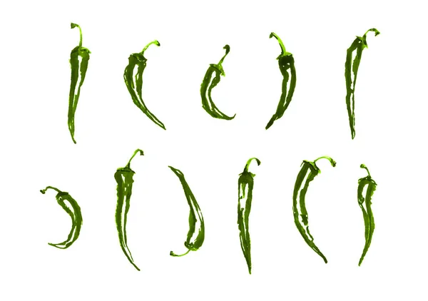 Zielona Papryka Chili Całe Dojrzałe Strąki Łodygami Ręcznie Rysowane Świeże — Zdjęcie stockowe