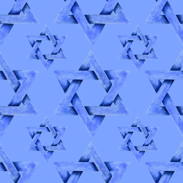 デビッド水彩の背景イラストの星 ユダヤ人のイスラエルの宗教シンボルシームレスなパターン ユダヤ教の看板 青い6点の幾何学的図形 手書き水彩画 絵画材料の壁紙 — ストック写真