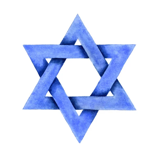 Star David Watercolor Illustration Blue Six Pointed Jewish Israeli Religious — Stock Photo, Image