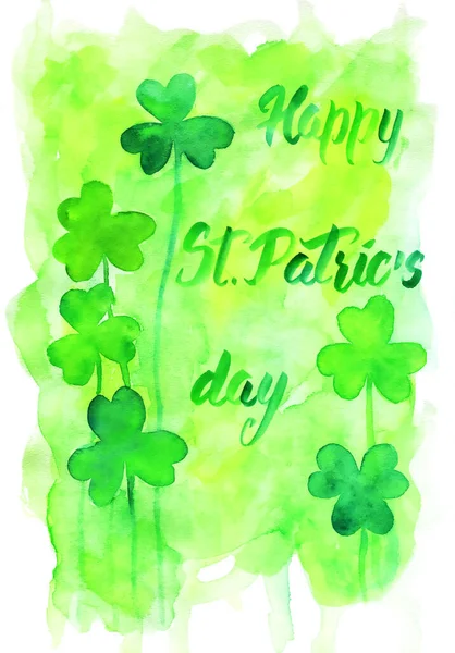 Hand drawn watercolor illustration for Saint Patrick\'s Day greeting card. Irish festival celebration design. Shamrock trefoil leaves symbol and text over green background.