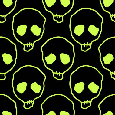 Vektör cadılar bayramı karalama kafatasları kusursuz desen. Parti posteri için tasarım arka planı. El çizimi karikatür çizimi. Asit yeşili üzerinde izole nesneler.