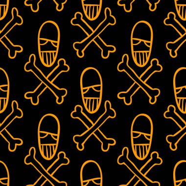 Vektör cadılar bayramı karalama kafatası ve kemiklerin kusursuz deseni. Parti posteri için tasarım arka planı. El çizimi karikatür çizimi turuncu üzeri siyah.