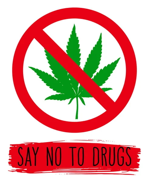 Say Drugs Sign Hand Drawn Marijuana Leaf Prohibited Stop Narcotic — стоковый вектор