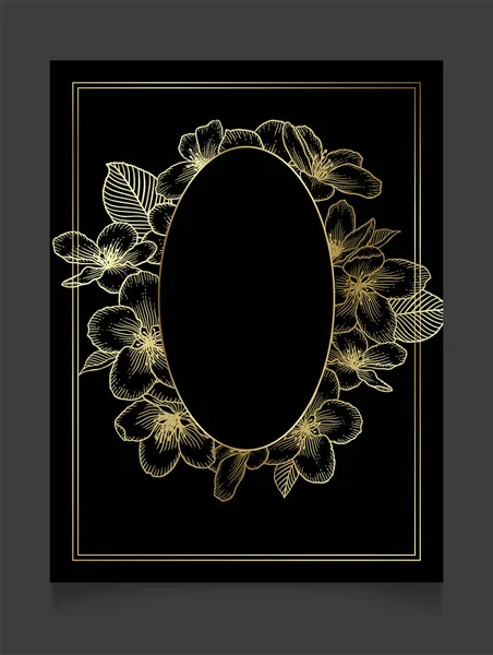 Floral Botanische Gouden Ovale Rame Met Appelbloemen Donkere Elegante Kaart — Stockvector
