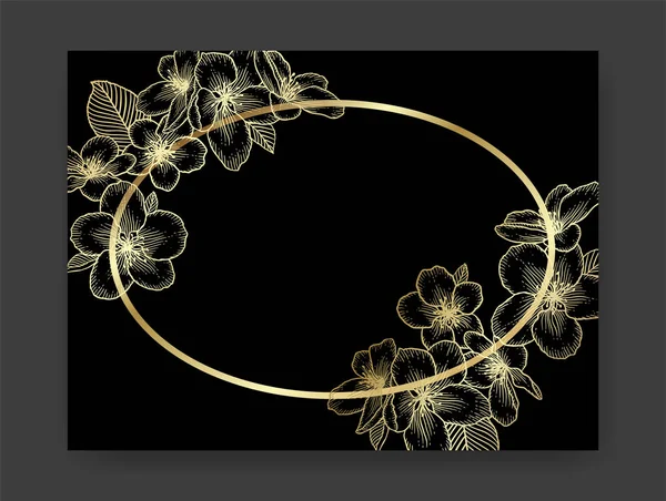 Floral Botanical Golden Frame Apple Flowers Dark Elegant Card Template — Stock Vector
