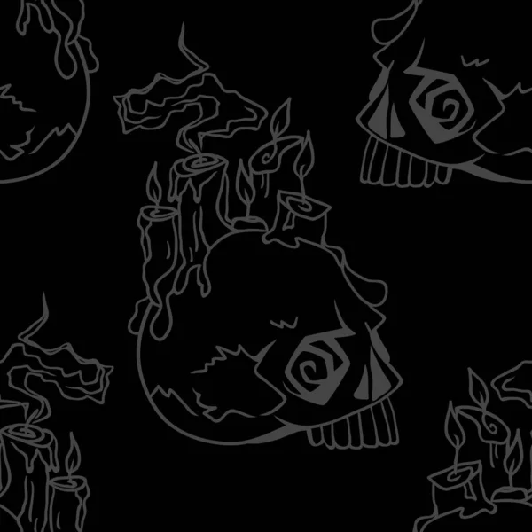 Vector Halloween Doodle Skulls Candles Seamless Pattern Design Background Party — Vetor de Stock