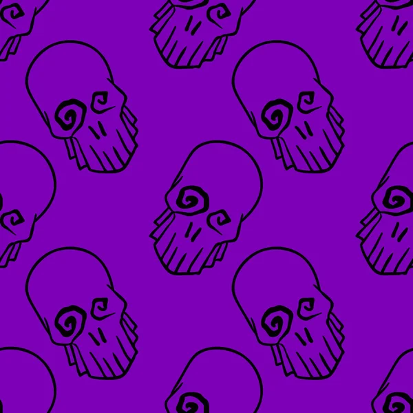 ベクターハロウィーンのドアの頭蓋骨シームレスなパターン パーティーポスターのデザインの背景 手描きの漫画のイラストで黒以上紫 — ストックベクタ