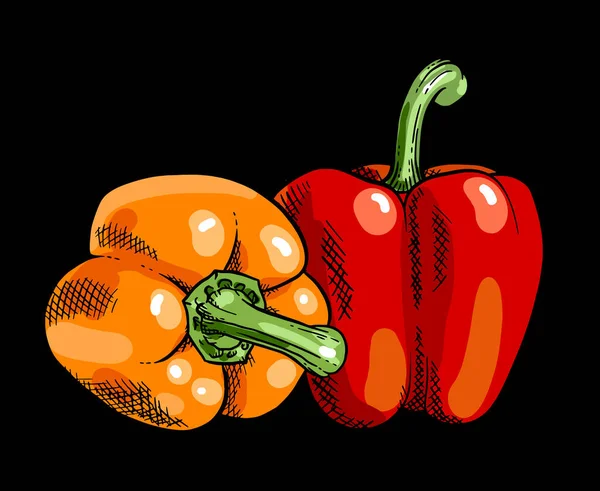 Two Fresh Sweet Peppers Isolated Black Vegetable Design Elements Farm — Stockvector