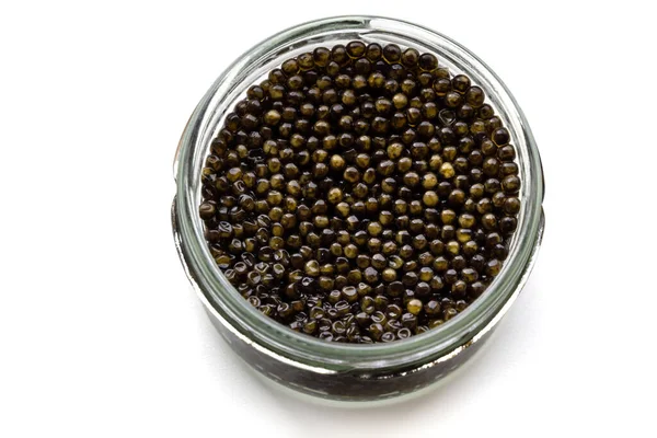 Frasco Vidro Caviar Preto Isolado Sobre Branco Esturjão Natural Luxo — Fotografia de Stock