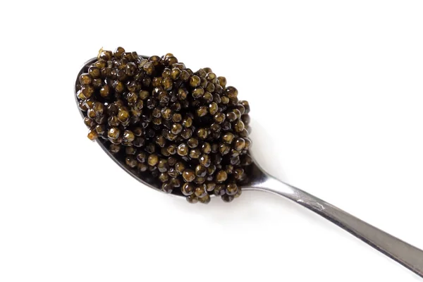 Una Cuchara Caviar Negro Aislado Sobre Blanco Esturión Natural Lujo — Foto de Stock